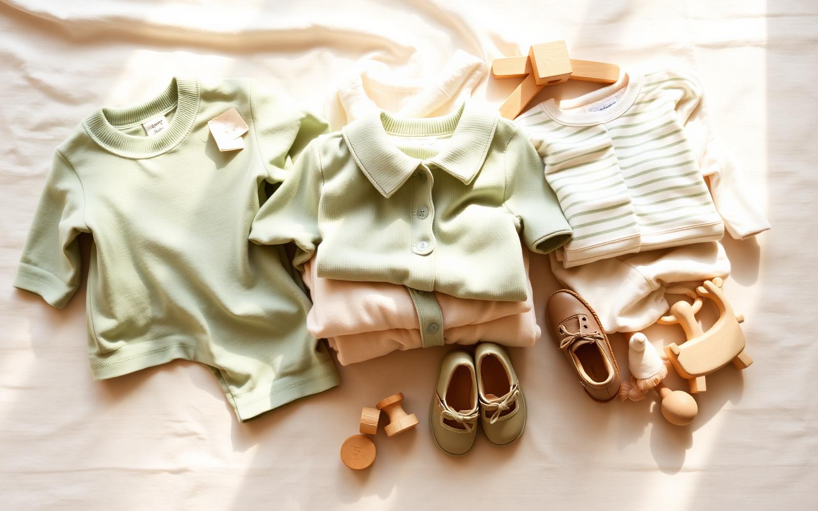 Neatly folded children's clothing and wooden toys ready for a consignment sale